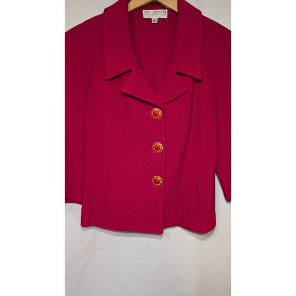 St. John Collection Red Santana Knit Blazer Jacket 4 Gold Statement Buttons USA - Picture 2 of 8